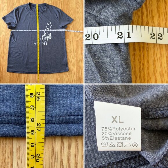 Butterfly Treble Clef Graphic Tee Size XL Music Notes Blue Short Sleeve Top - Picture 3 of 6